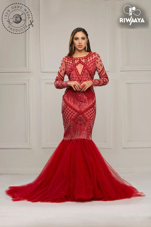 Red Wedding Gown Red Bridal Gown Red Gown with Feathers Riwaaya