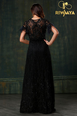 Black Gown with Hand embroidary and feathers