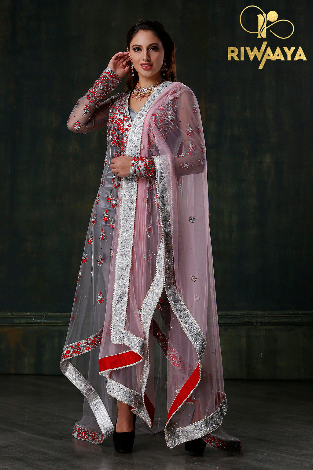 Noor e Chashm - Gray angrakha with pants