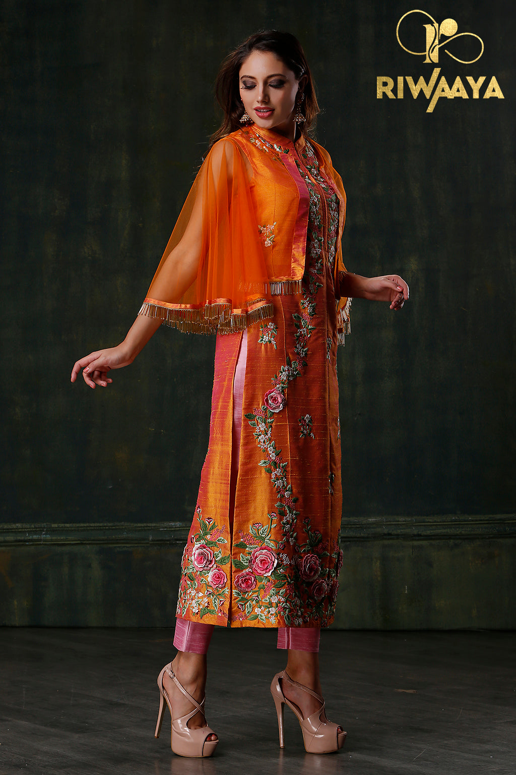 Flaming Desire - Orange Kurta with Poncho