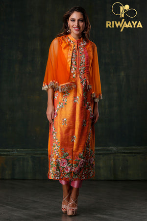 Flaming Desire - Orange Kurta with Poncho