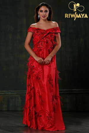 Off shoulder gown - Red Silk Gown from Riwaaya