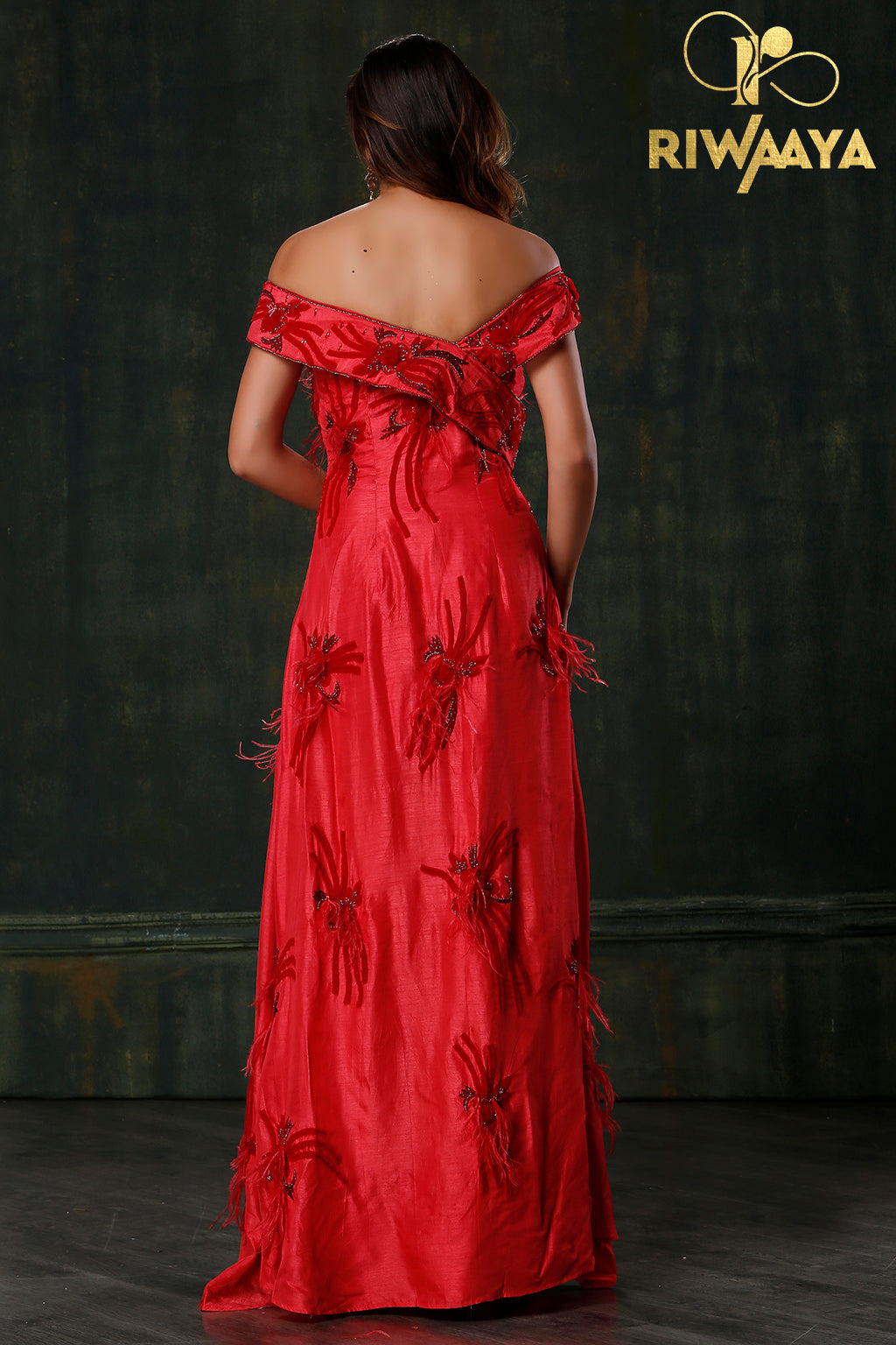Red Silk Gown with feathers and handwork