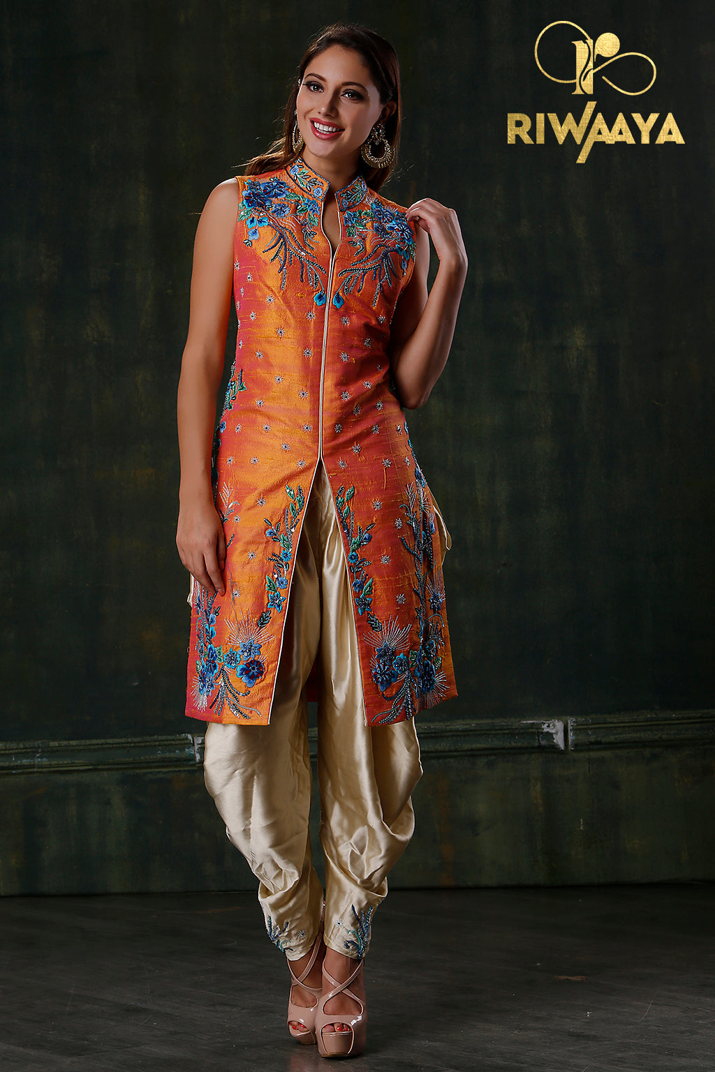 Moth to a Flame - Orange and blue kurta with dhoti
