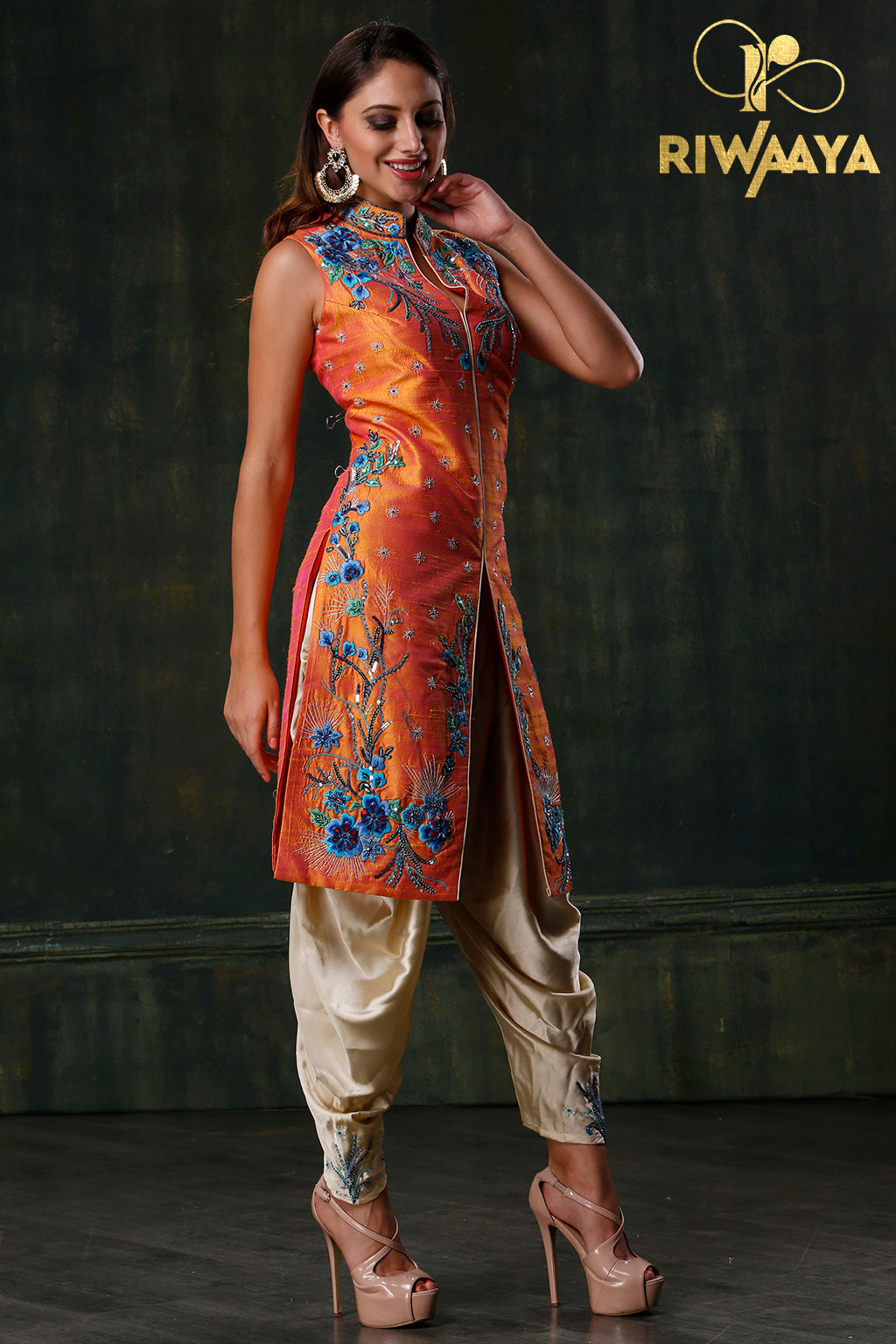 Moth to a Flame - Orange and blue kurta with dhoti