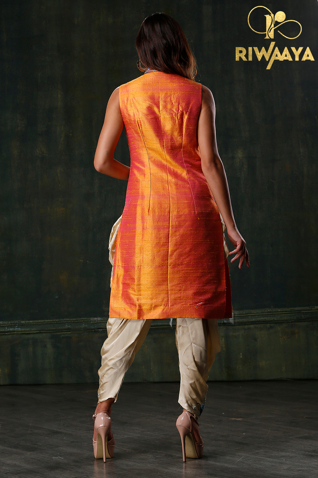 Moth to a Flame - Orange and blue kurta with dhoti