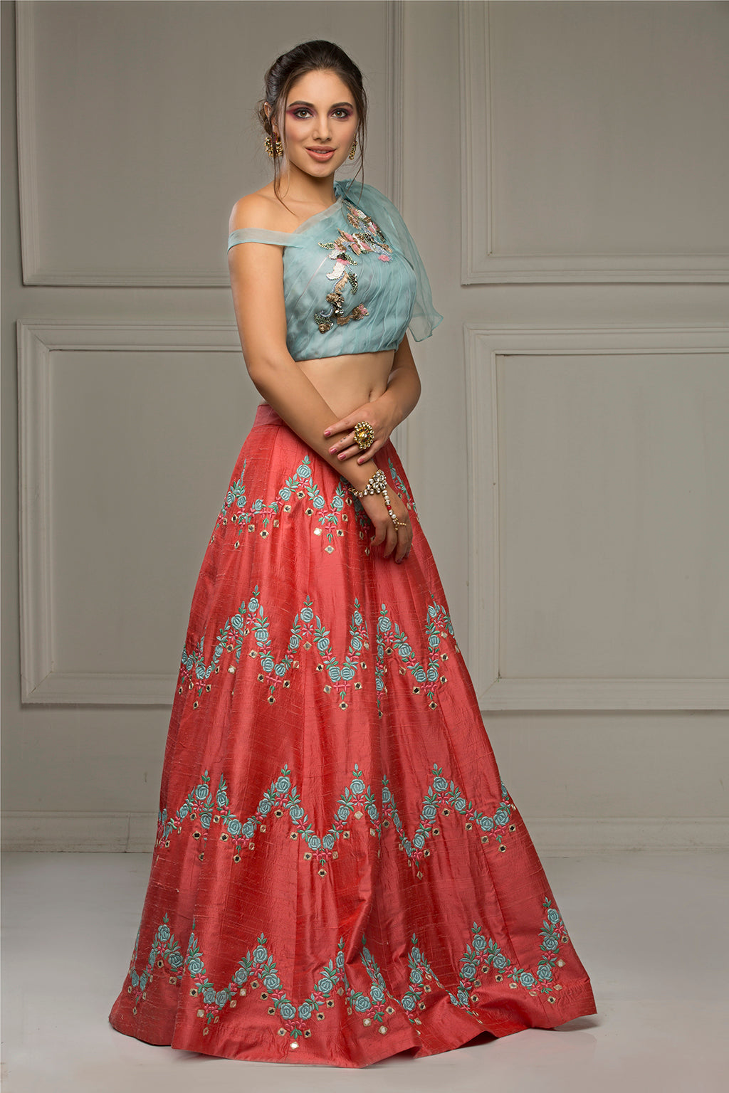 Surkh Jamaal - Red Skirt with Blue Off-shouder Blouse