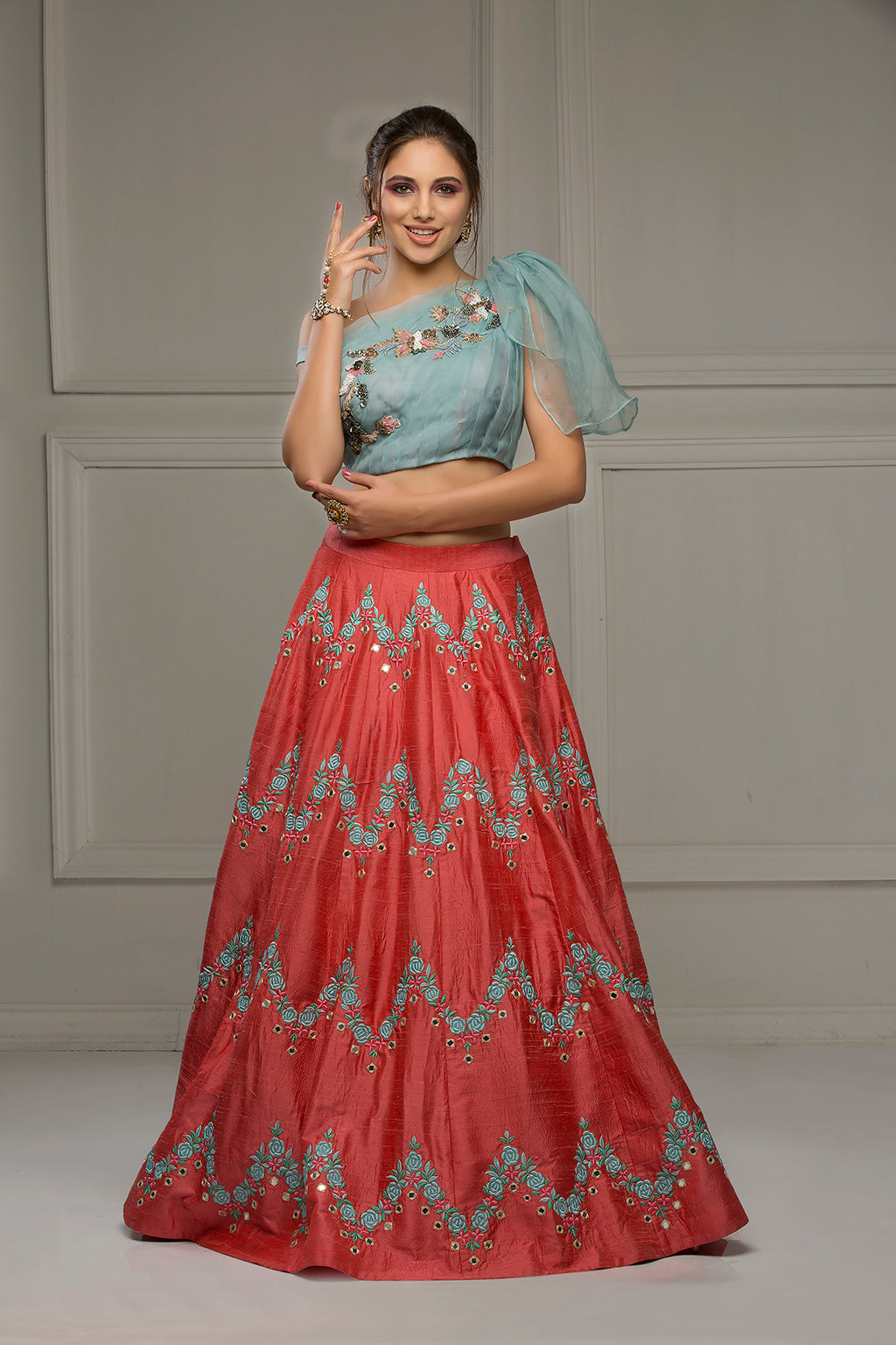 Surkh Jamaal - Red Skirt with Blue Off-shouder Blouse