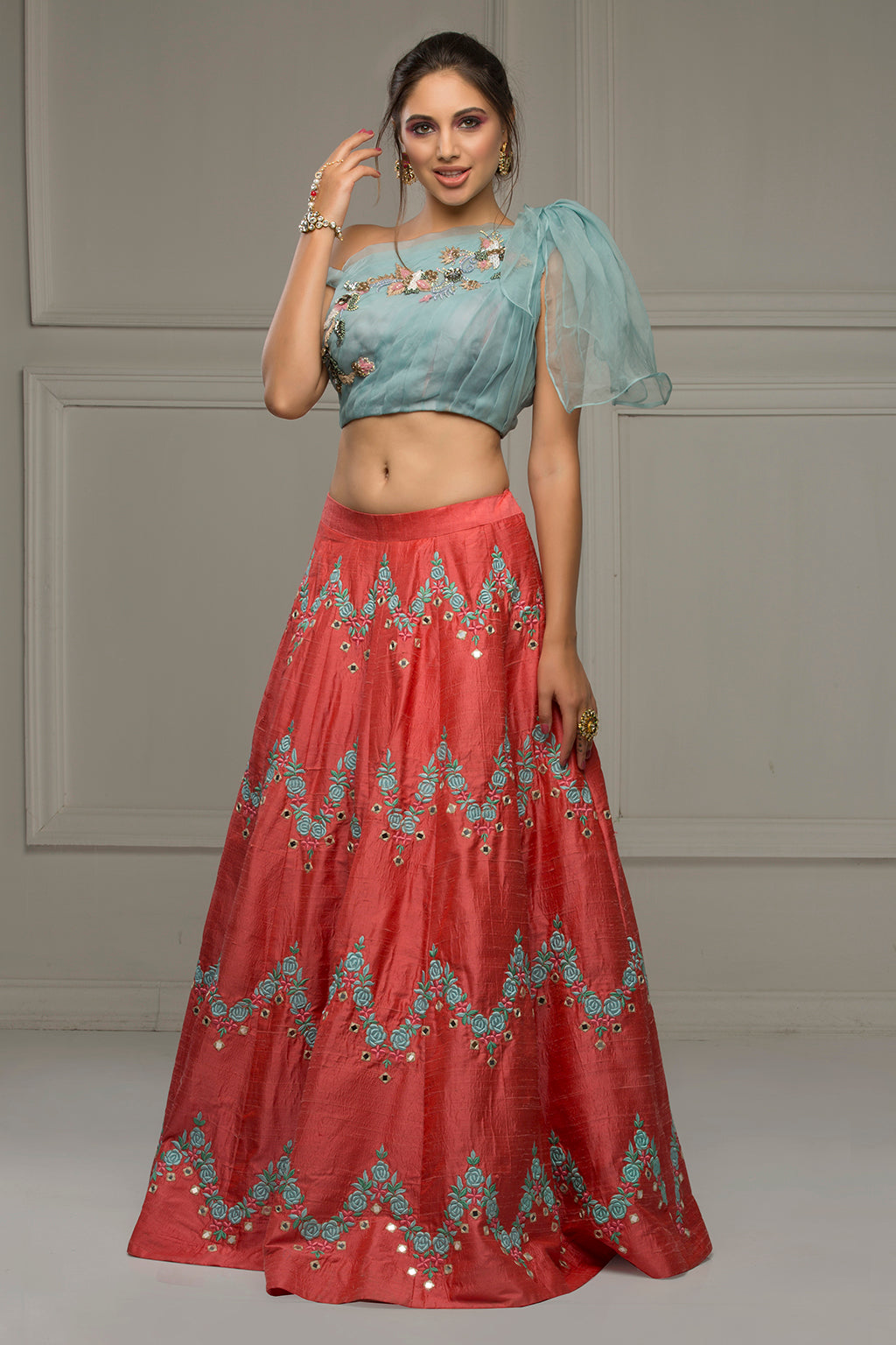 Surkh Jamaal - Red Skirt with Blue Off-shouder Blouse