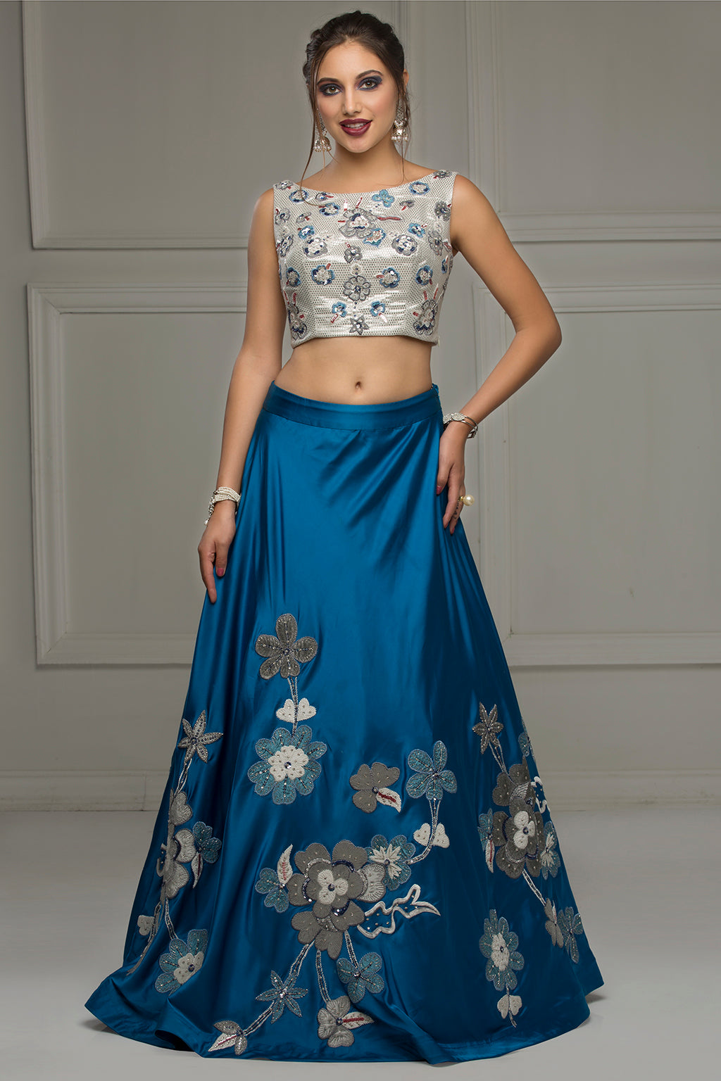 The Silver Horizon -  Blue Embroidered Skirt with Silver Top