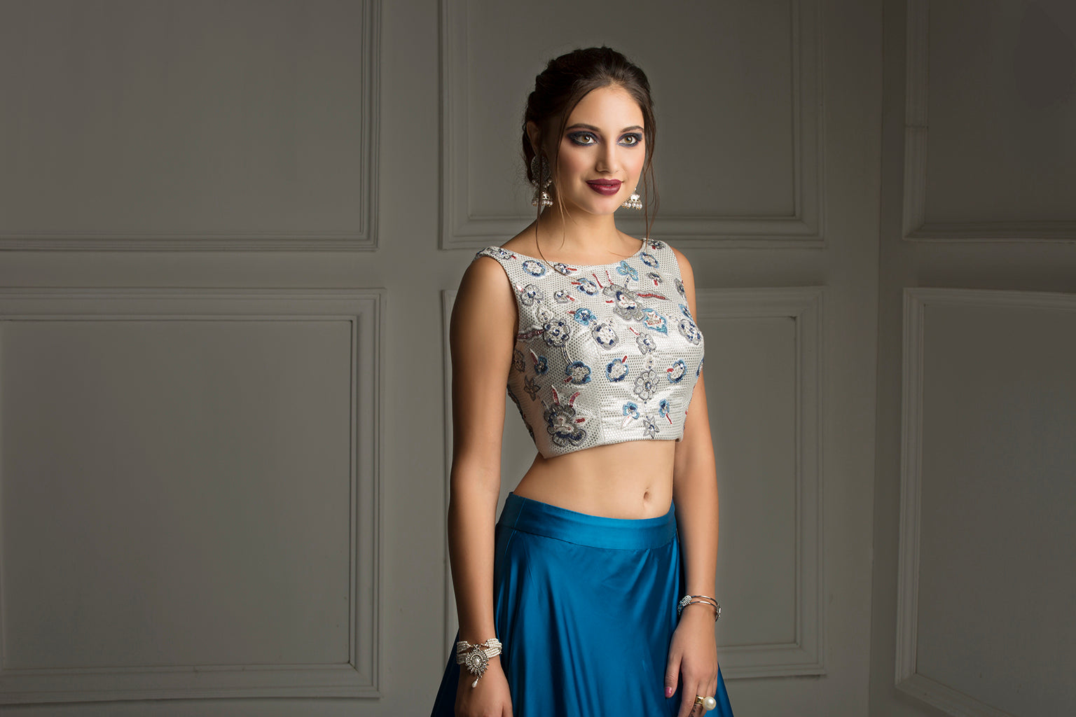 The Silver Horizon -  Blue Embroidered Skirt with Silver Top