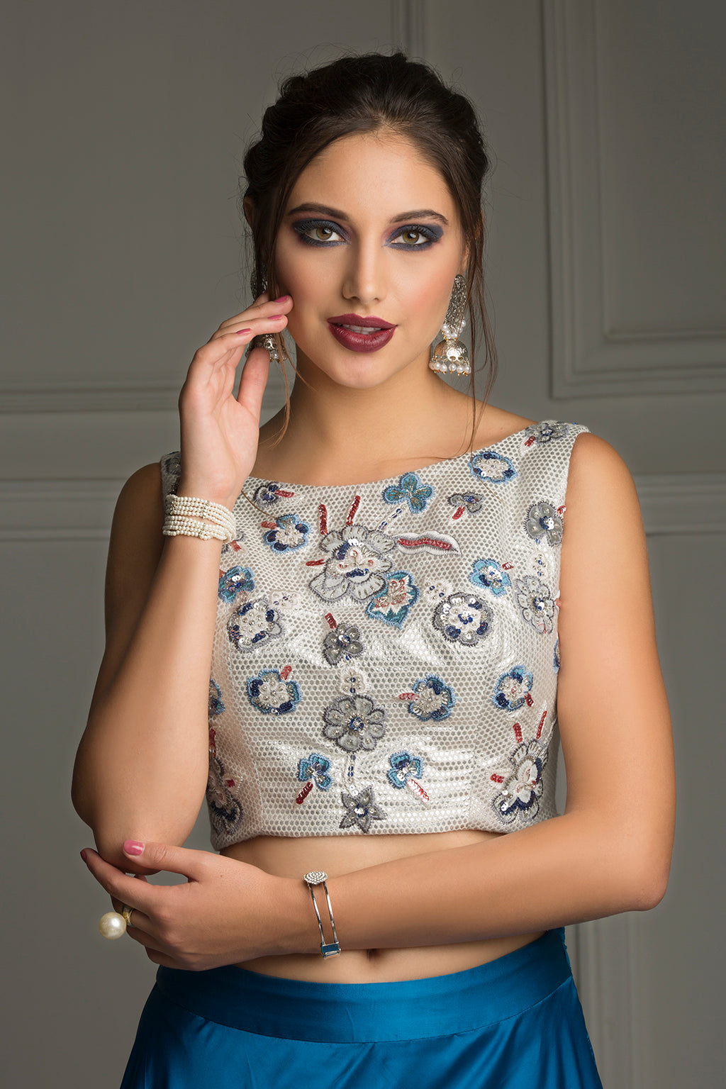 The Silver Horizon -  Blue Embroidered Skirt with Silver Top