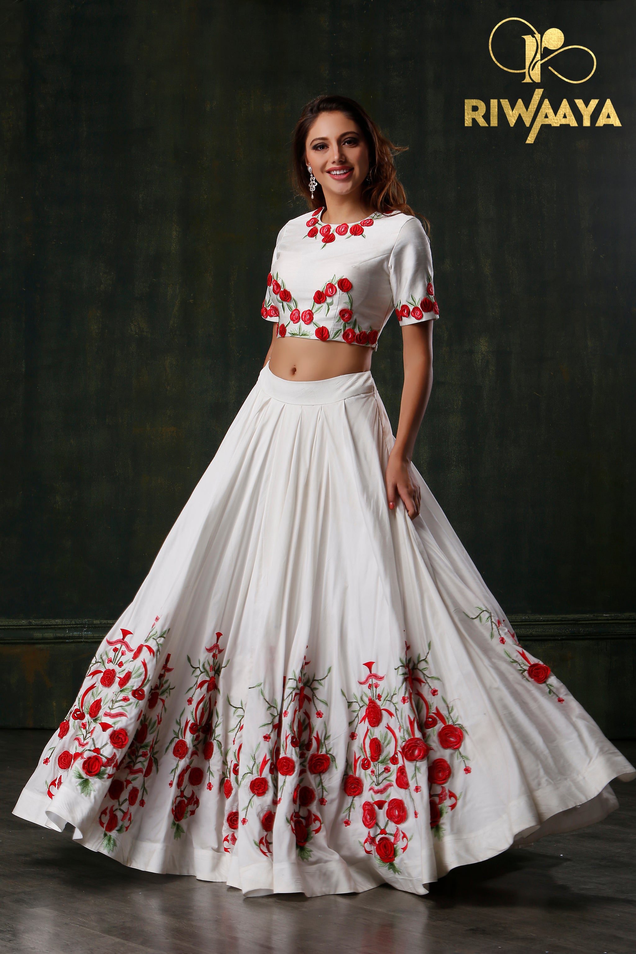 Bashful Purity - White Skirt with Red Flowers