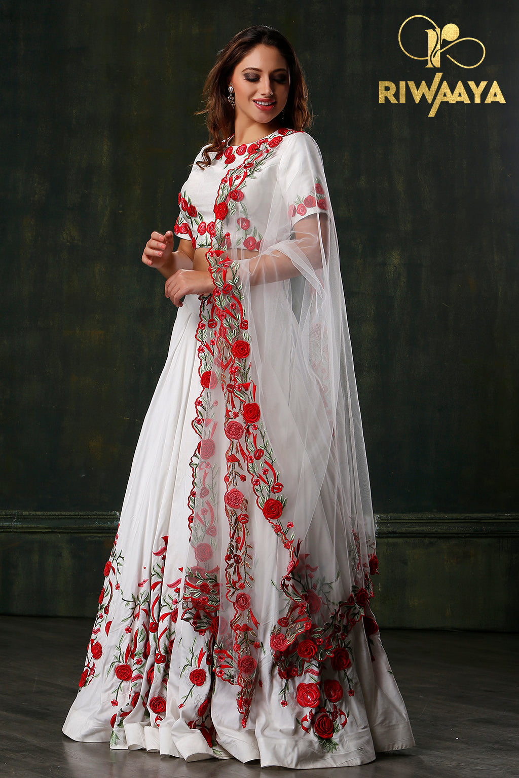 Bashful Purity - White Skirt with Red Flowers