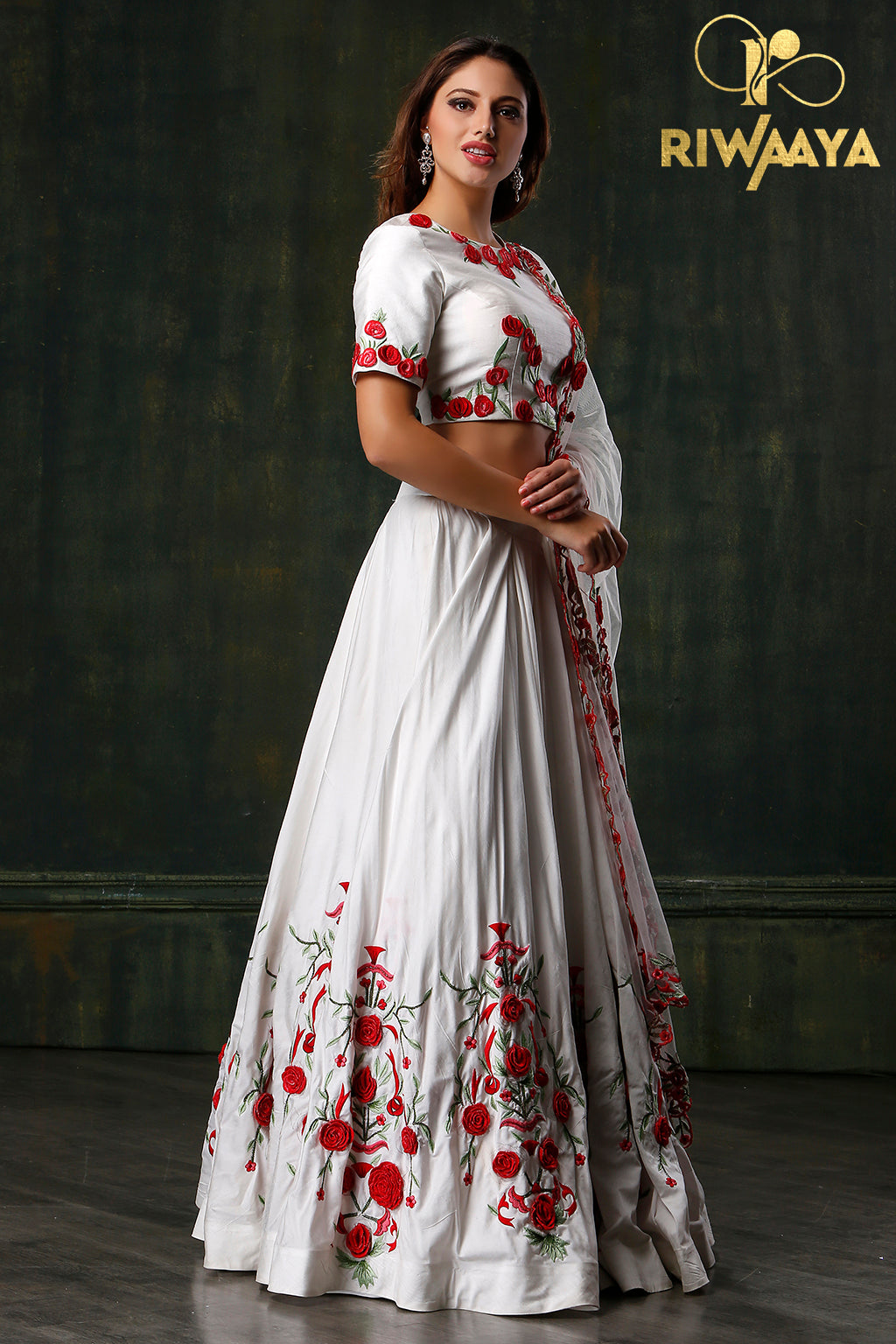 Bashful Purity - White Skirt with Red Flowers